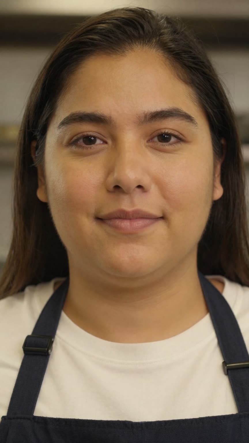 AI-generated actor in a white T-shirt and apron in a kitchen