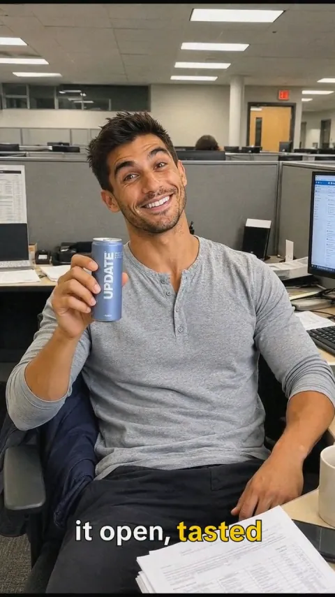 Frame from a Retiplex ad for an energy drink, filmed at an office desk