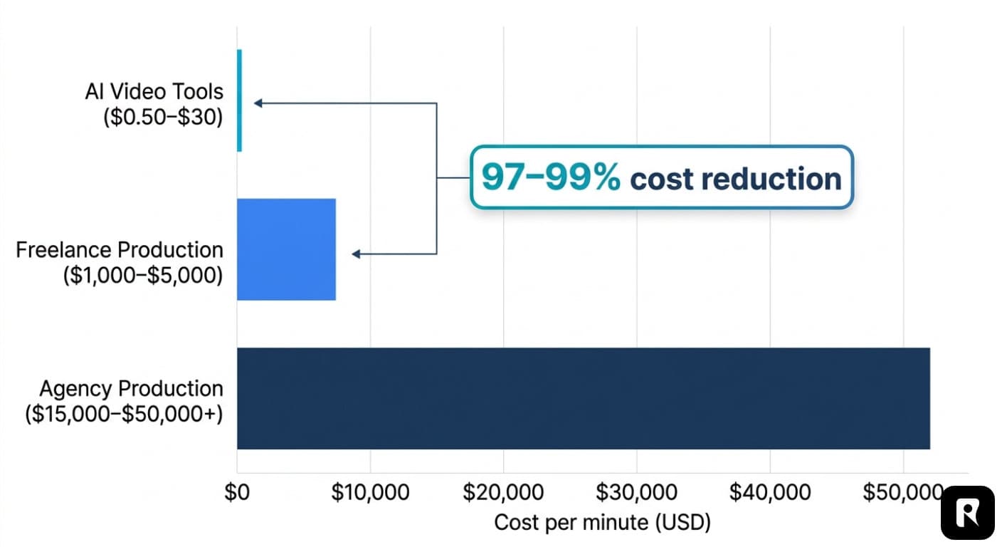Comparison chart showing traditional video production costs versus AI video generation costs across different project types, illustrating the 90-99% cost reduction achievable with AI tools