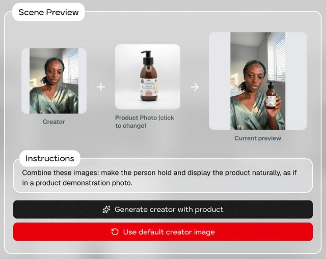 Scene preview showing AI actor with product