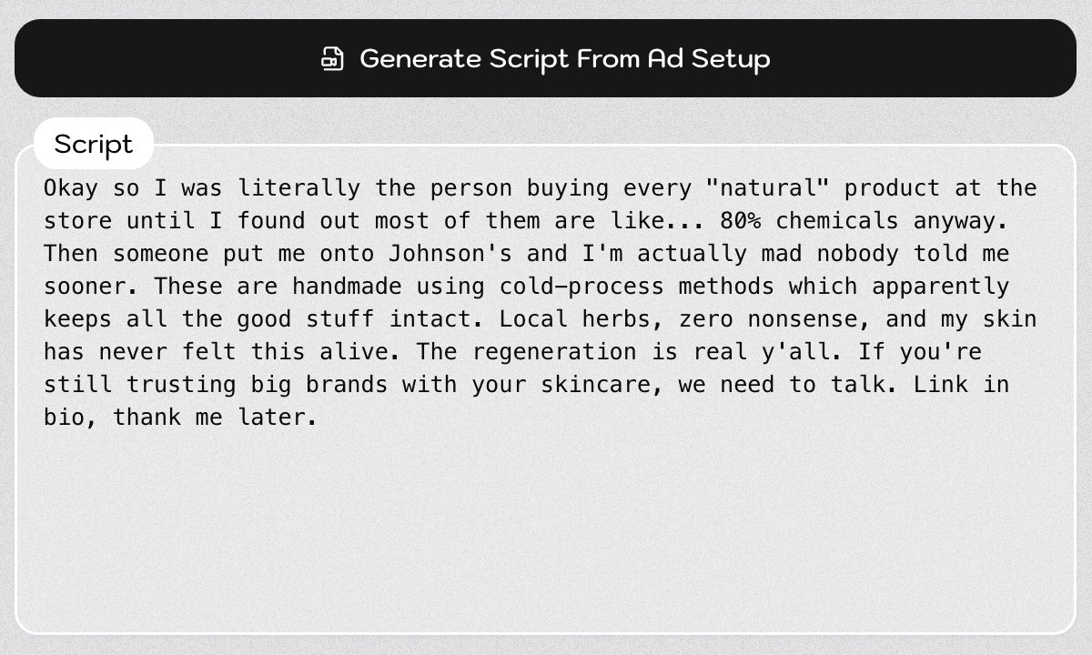 AI script writing interface with generated video ad script